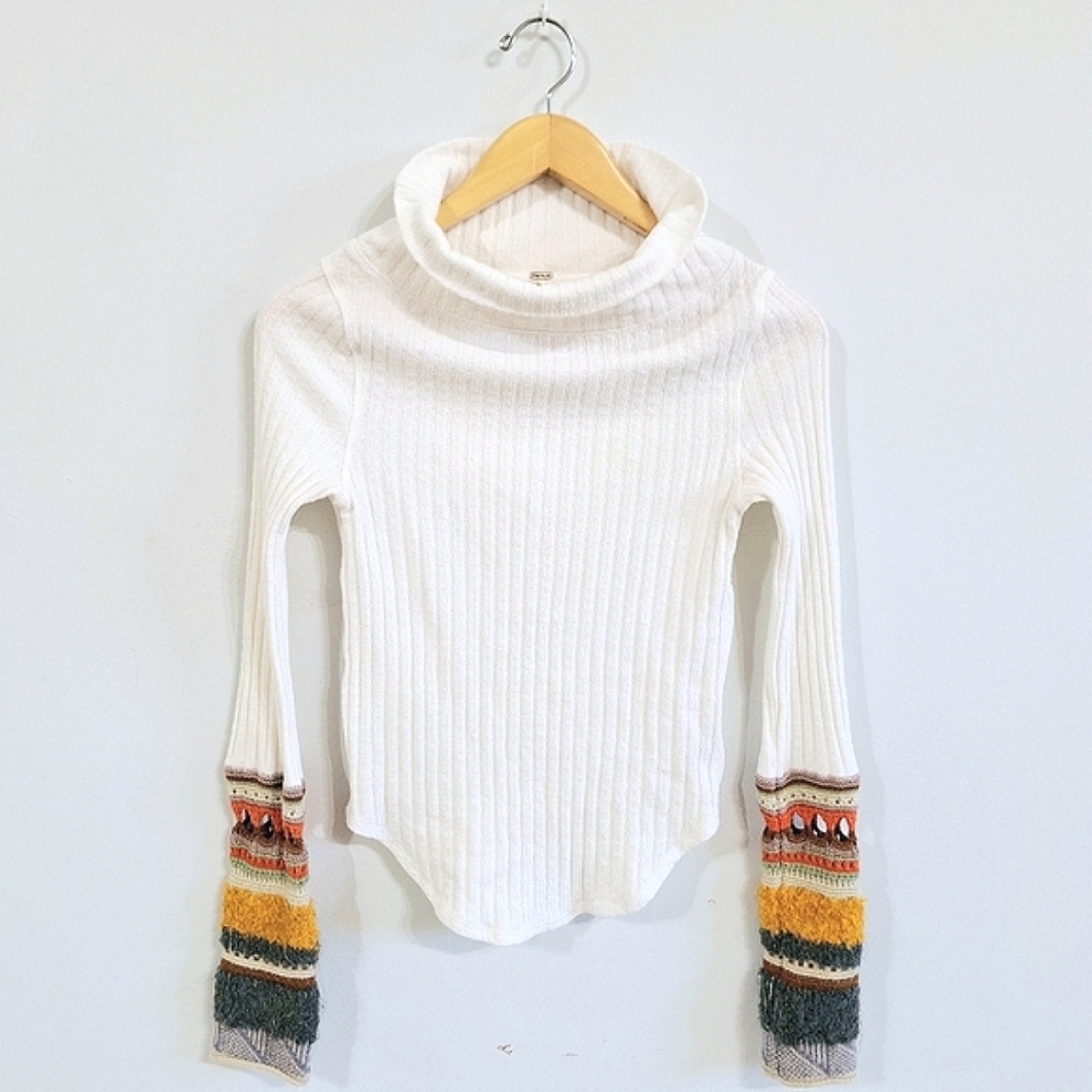 Free People Mixed Up Cuff Ivory Ribbed Turtleneck Sweater XS Boho - Picture 2 of 7
